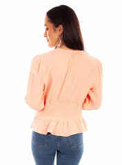 Scully Leather Honey Creek Blush Cotton Texture Peplum Top W/Lace Up