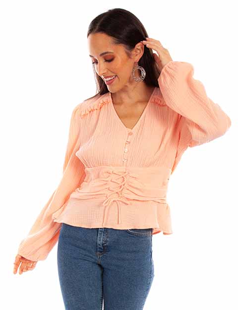 Scully Leather Honey Creek Blush Cotton Texture Peplum Top W/Lace Up