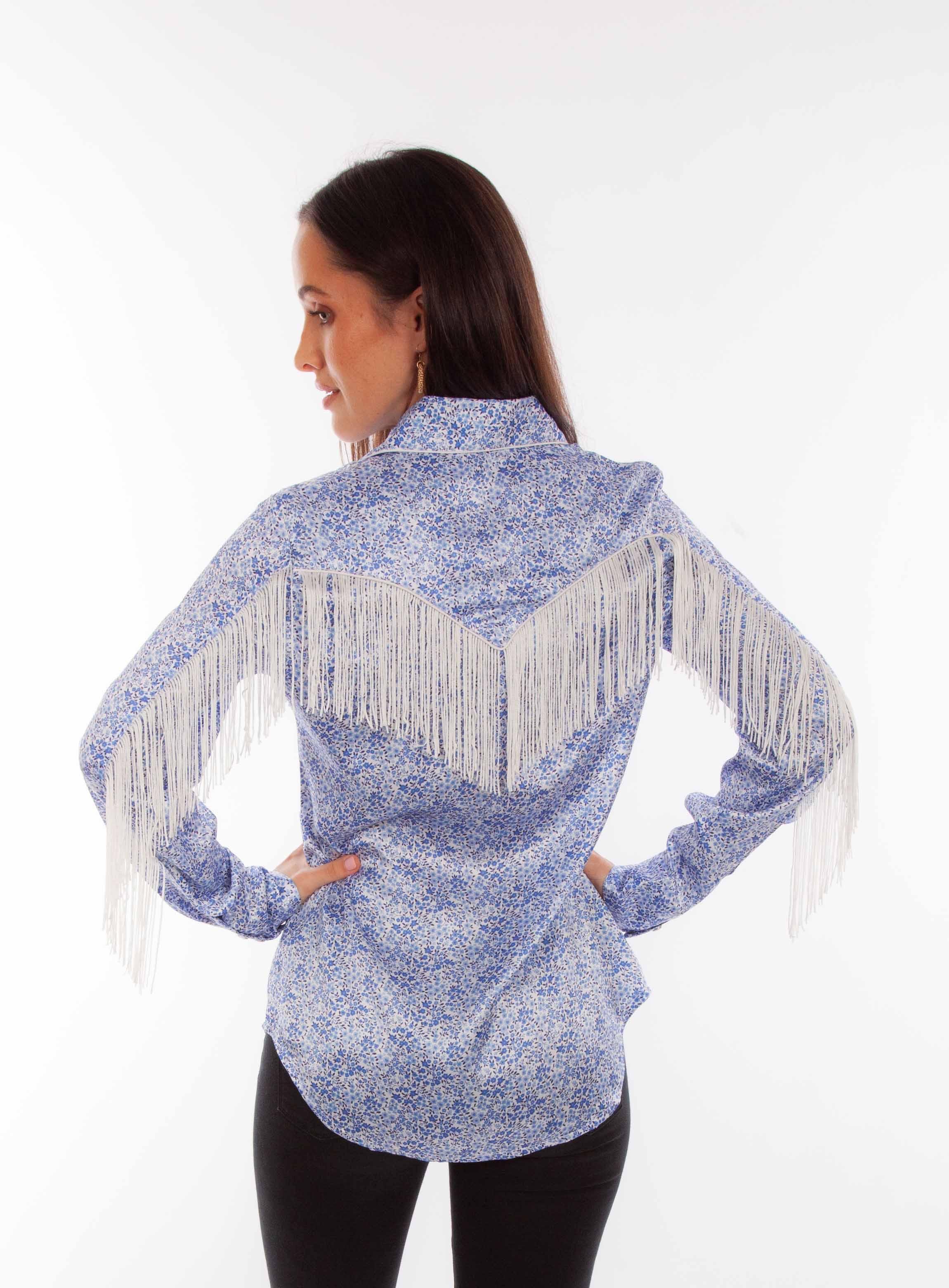 Scully Leather Mini Floral Print Blue Blouse with Fringe - Flyclothing LLC