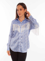 Scully Leather Mini Floral Print Blue Blouse with Fringe - Flyclothing LLC