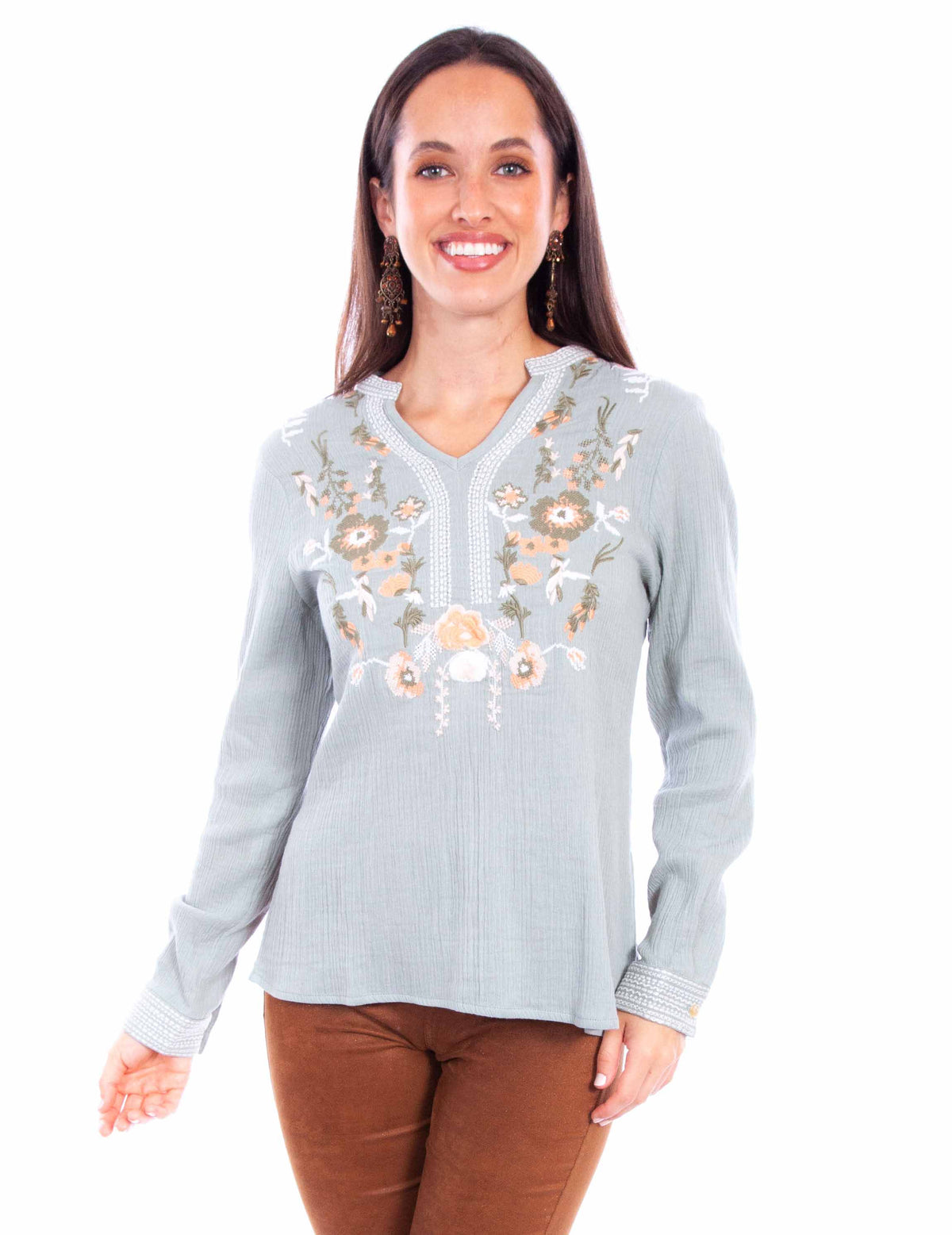 Scully Leather Blue Pullover Front Embroidered Blouse - Flyclothing LLC