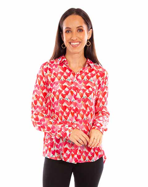 Scully Leather Honey Creek Pink Heart Print Button Up Collar Blouse