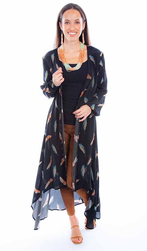 Scully Leather Honey Creek Black Feather Print Button Up Kimono