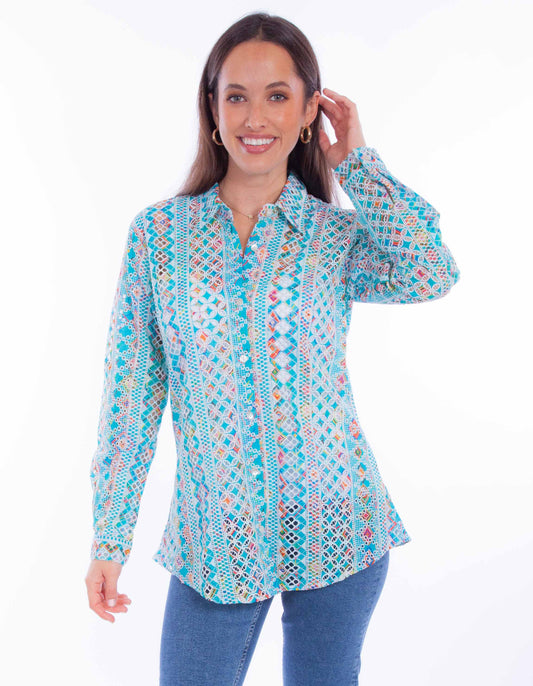 Scully Leather Turqoiuse Button-Up Eyelet Blouse - Flyclothing LLC