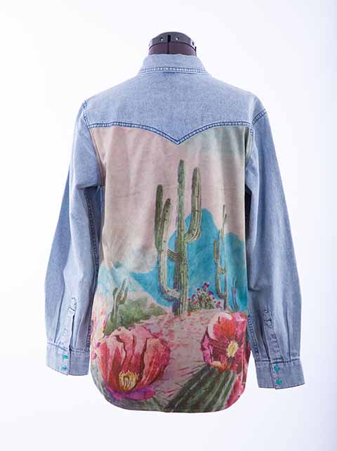 Scully Leather Honey Creek Denim Cactus Print Denim Top