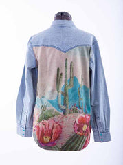 Scully Leather Honey Creek Denim Cactus Print Denim Top