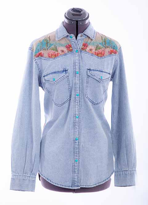 Scully Leather Honey Creek Denim Cactus Print Denim Top