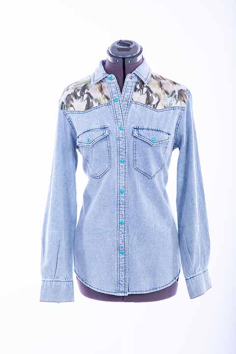 Scully Leather Honey Creek Denim Horse Print Denim Top