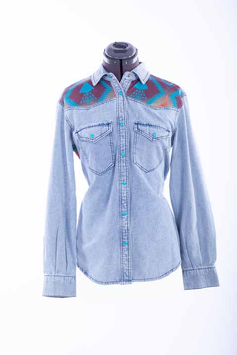 Scully Leather Honey Creek Denim Aztec Print Denim Top