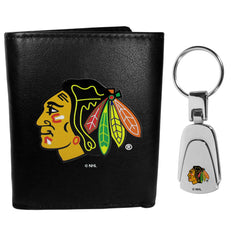 Chicago Blackhawks Leather Tri-fold Wallet & Steel Key Chain - Flyclothing LLC