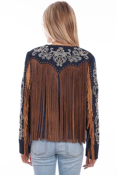 Scully Leather Denim Embroidered Studded Fringe Jacket - Flyclothing LLC