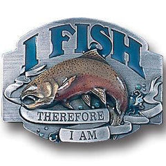 I Fish Therefore I Am Enameled Belt Buckle - Flyclothing LLC