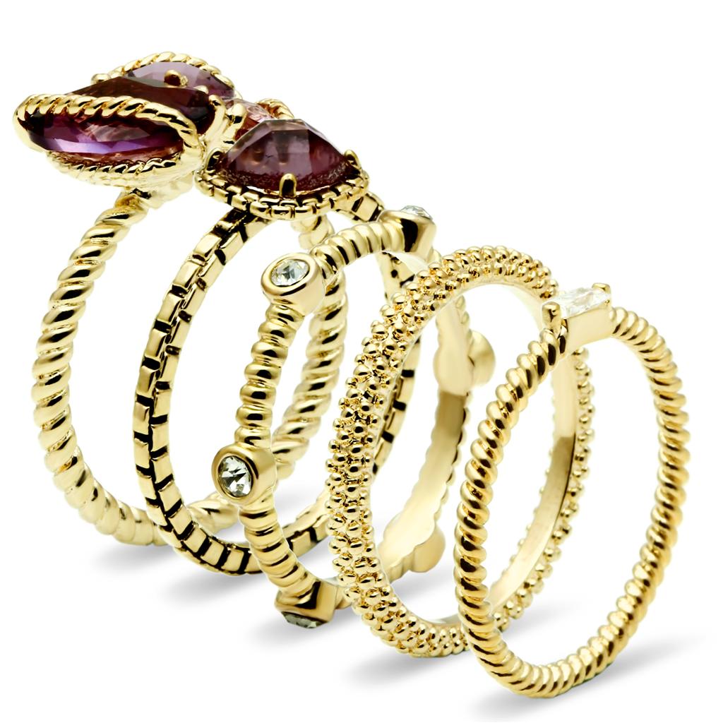 Alamode Gold Brass Ring with Synthetic Synthetic Glass in Amethyst - Flyclothing LLC