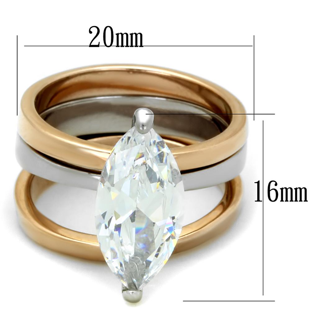 Alamode Two-Tone IP Rose Gold Stainless Steel Ring with AAA Grade CZ in Clear - Flyclothing LLC