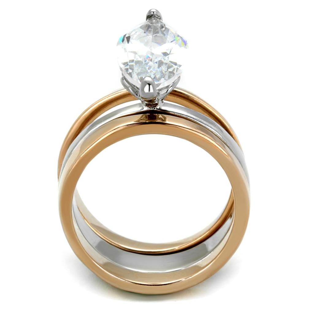 Alamode Two-Tone IP Rose Gold Stainless Steel Ring with AAA Grade CZ in Clear - Flyclothing LLC