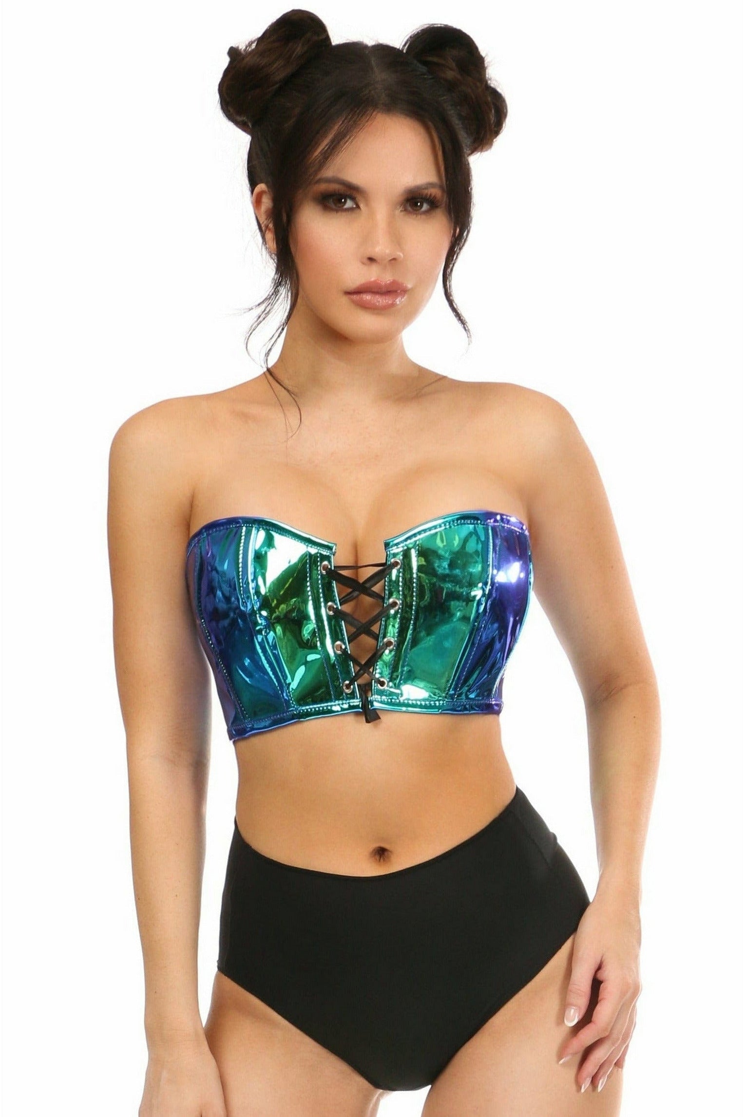 Daisy Corsets Lavish Teal/Blue Holo Lace-Up Short Bustier Top