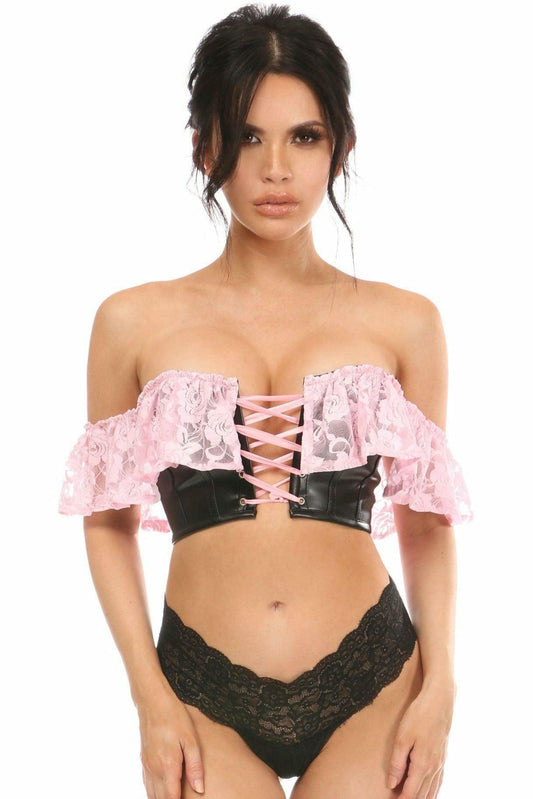 Lavish Lt Pink Lace & Faux Leather Bustier Top - Flyclothing LLC