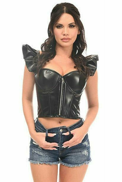 Daisy Corsets Lavish Black Faux Leather Bustier Top w/Ruffle Sleeves