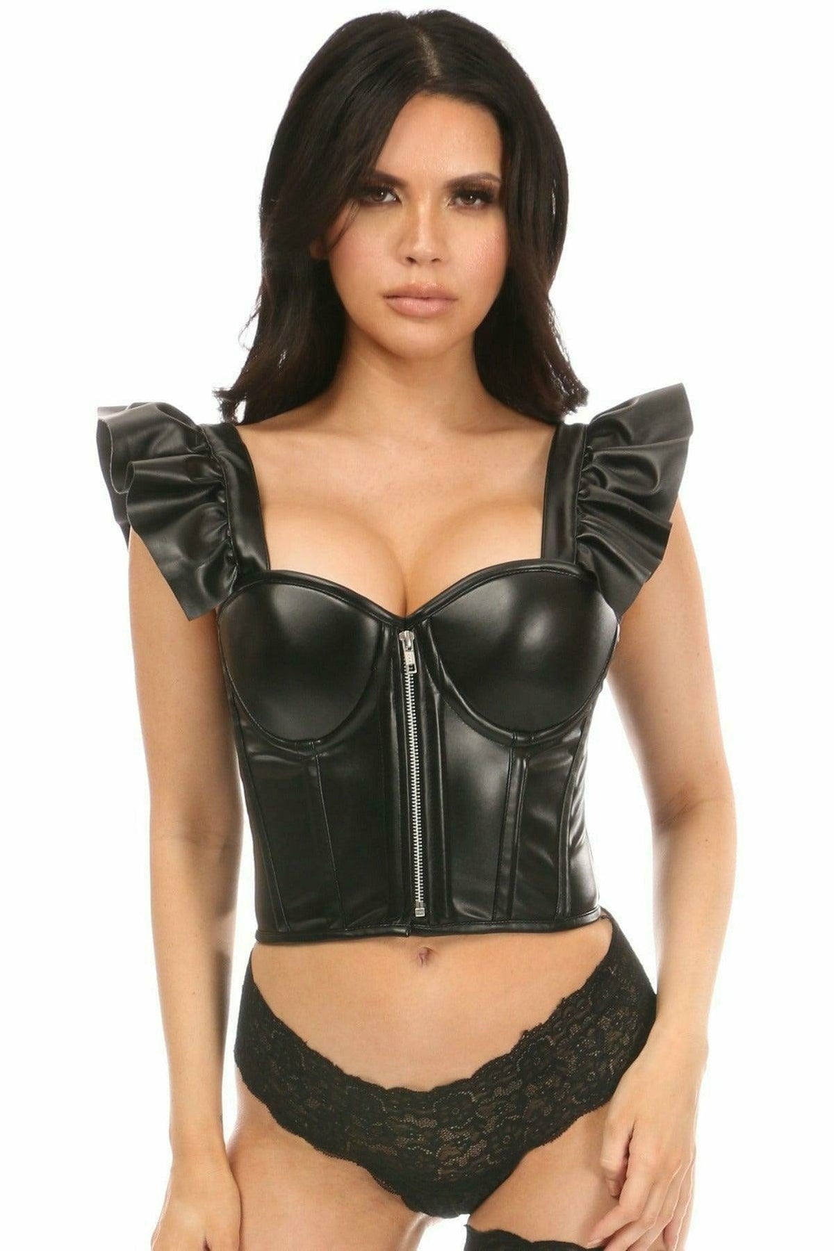 Daisy Corsets Lavish Black Faux Leather Bustier Top w/Ruffle Sleeves - Daisy Corsets