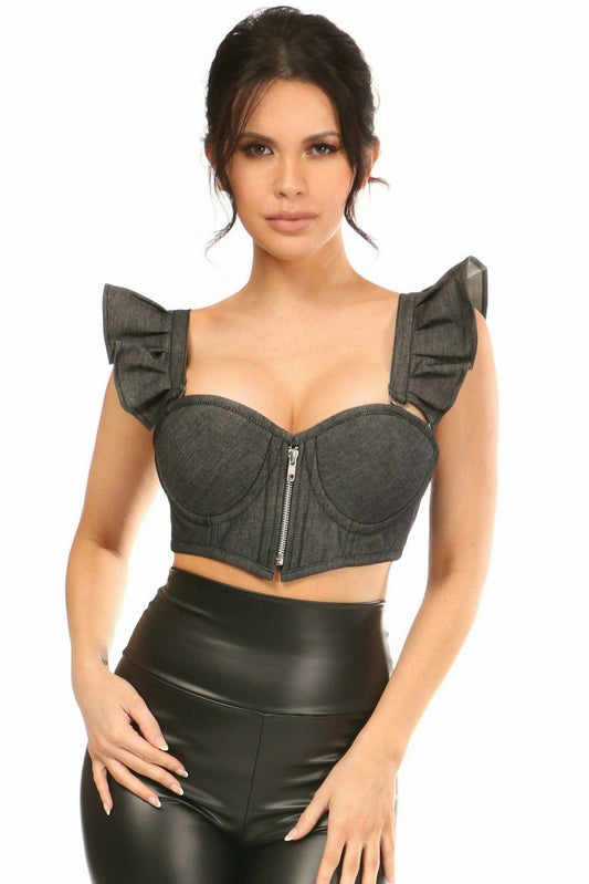 Daisy Corsets Lavish Black Denim Underwire Bustier Top w/Removable Ruffle Sleeves