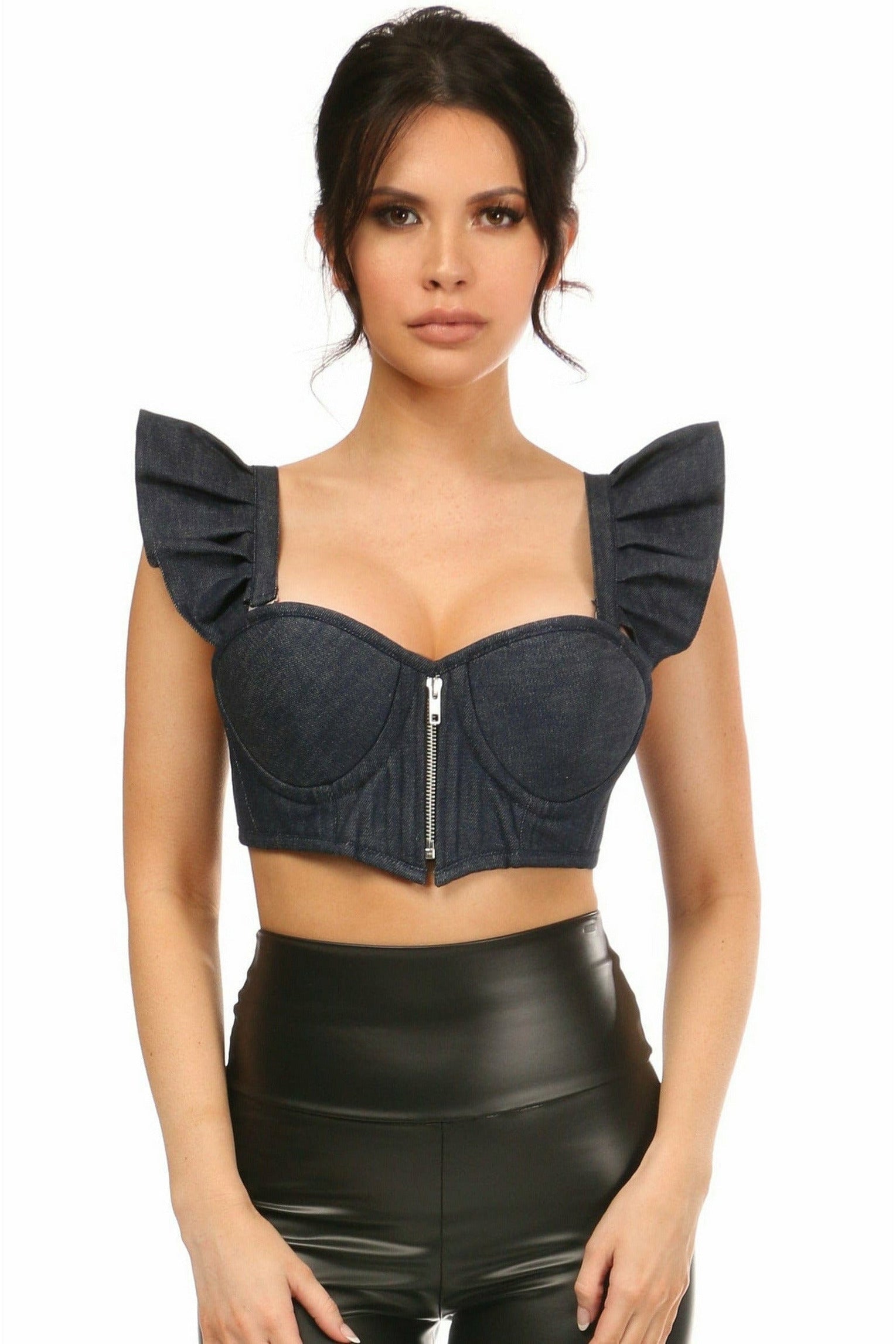 Daisy Corsets Lavish Blue Denim Underwire Bustier Top w/Removable Ruffle Sleeves