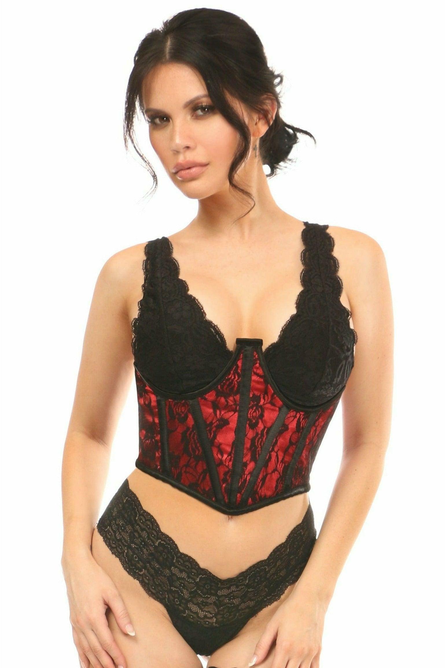 Lavish Red w/Black Lace Overlay Open Cup Waist Cincher - Flyclothing LLC