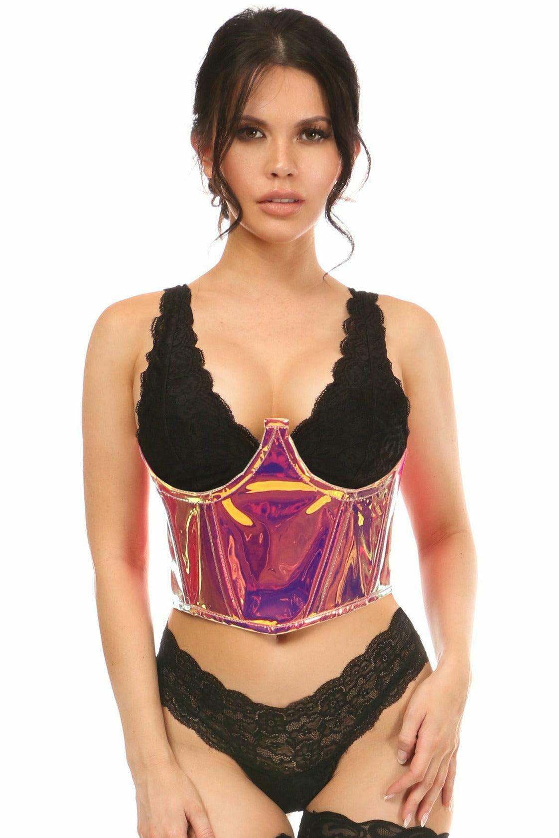 Lavish Rainbow Gold Holo Open Cup Underwire Waist Cincher - Flyclothing LLC