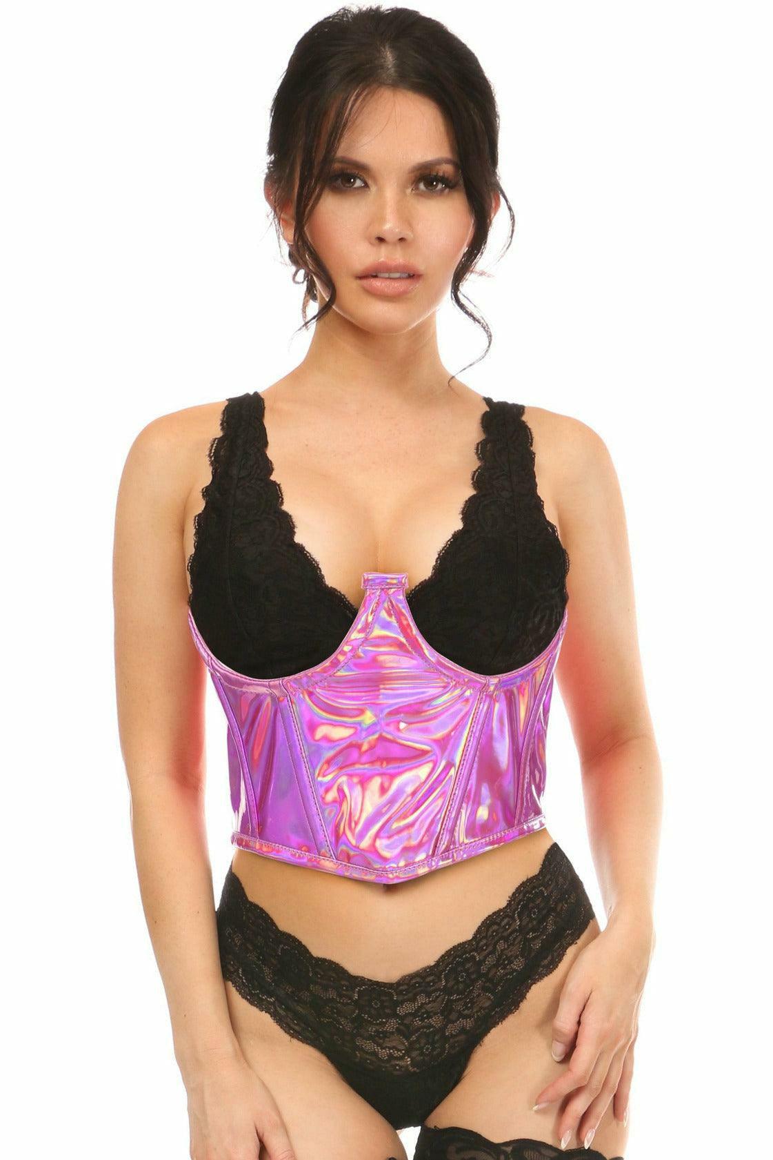 Lavish Fuchsia Holo Open Cup Underwire Waist Cincher - Flyclothing LLC