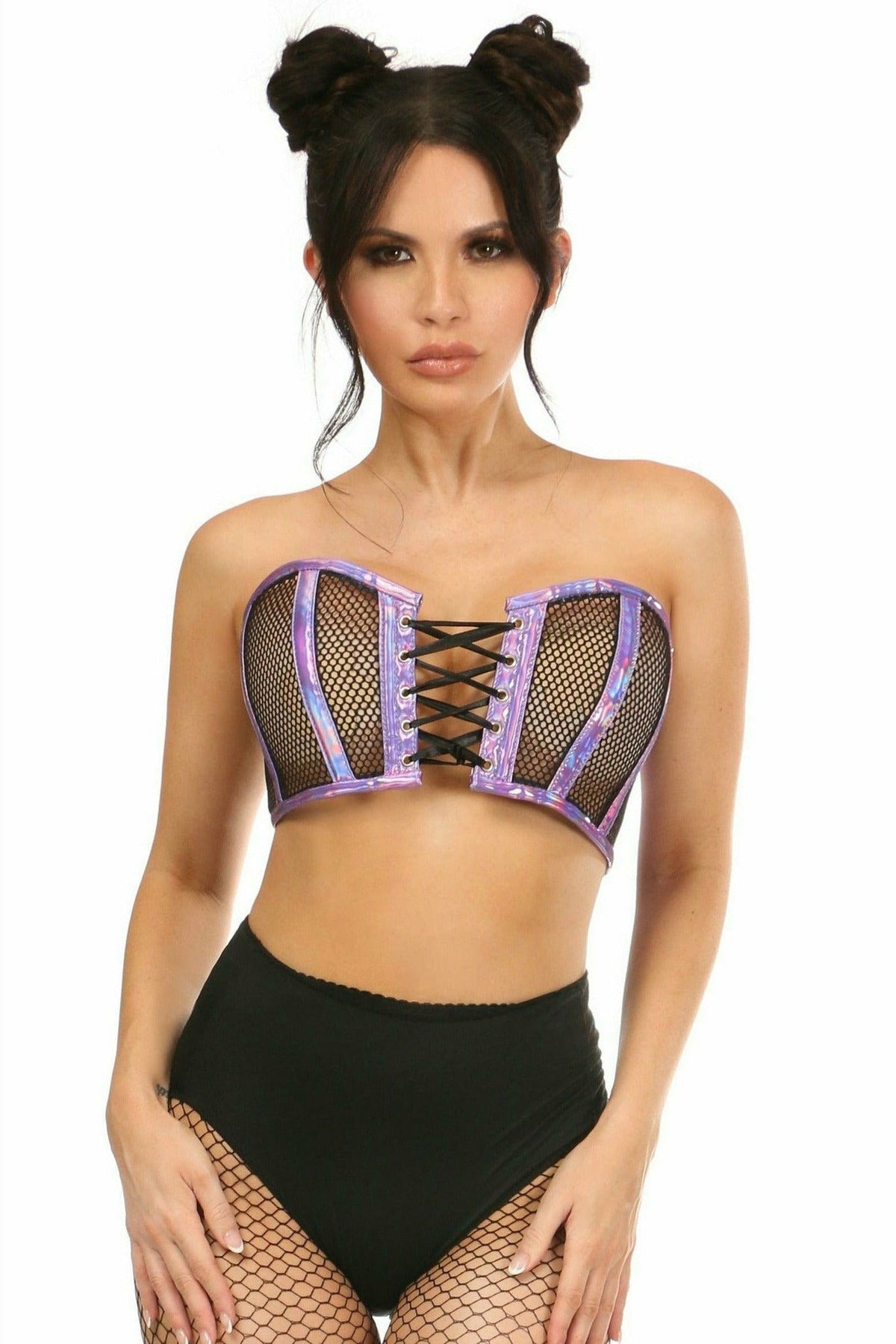 Daisy Corsets Lavish Purple Holo & Fishnet Lace-Up Short Bustier Top