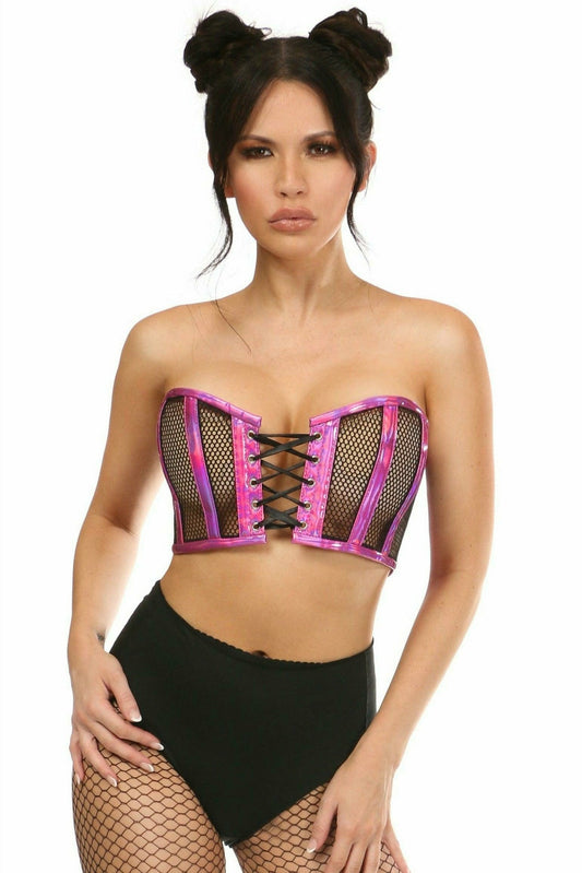 Daisy Corsets Lavish Fuchsia Holo & Fishnet Lace-Up Short Bustier Top