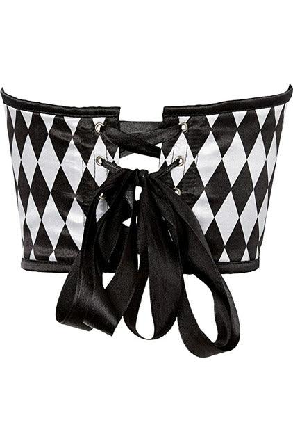 Lavish Black & White Diamond Satin Open Cup Waist Cincher - Flyclothing LLC