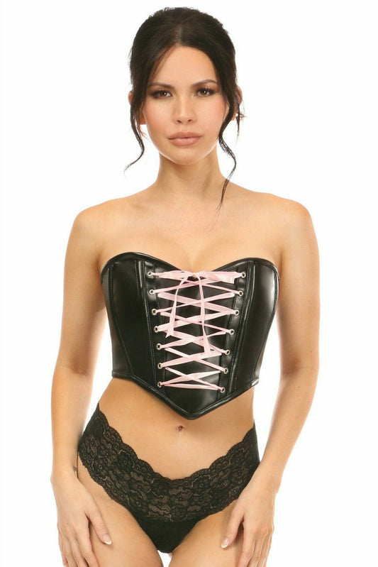 Daisy Corsets Lavish Black Faux Leather w/Pink Lace-Up Bustier