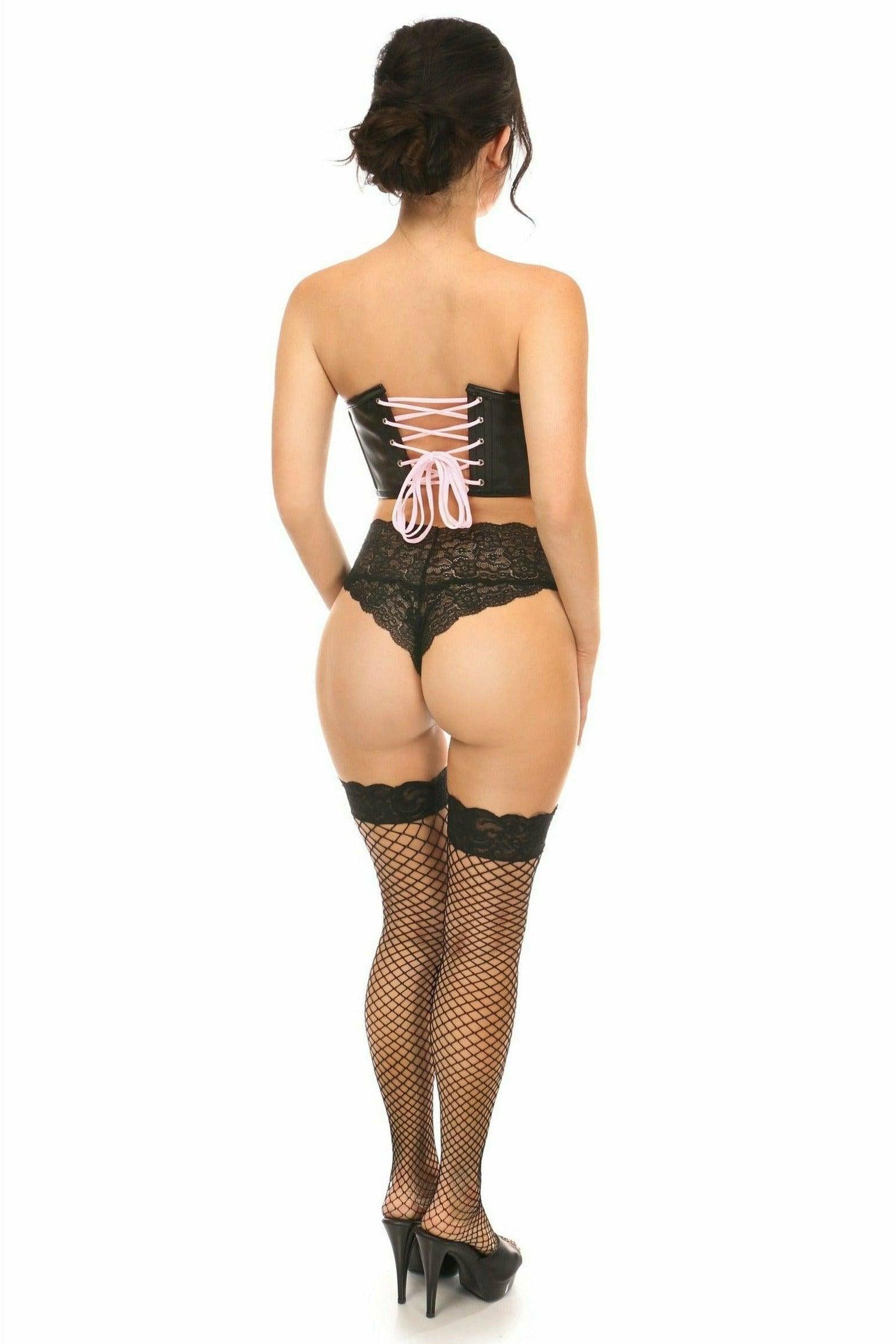 Lavish Black Faux Leather w/Pink Lace-Up Bustier - Flyclothing LLC