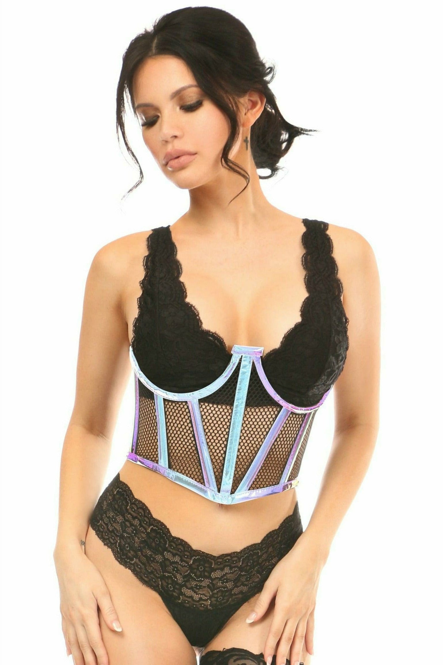 Daisy Corsets Lavish Blue/Purple Holo & Fishnet Underwire Waist Cincher Corset