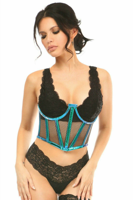 Daisy Corsets Lavish Blue/Teal Holo & Fishnet Underwire Waist Cincher Corset