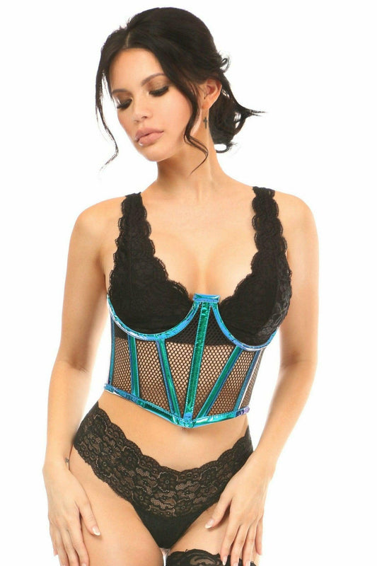 Lavish Blue/Teal Holo & Fishnet Underwire Waist Cincher Corset - Flyclothing LLC