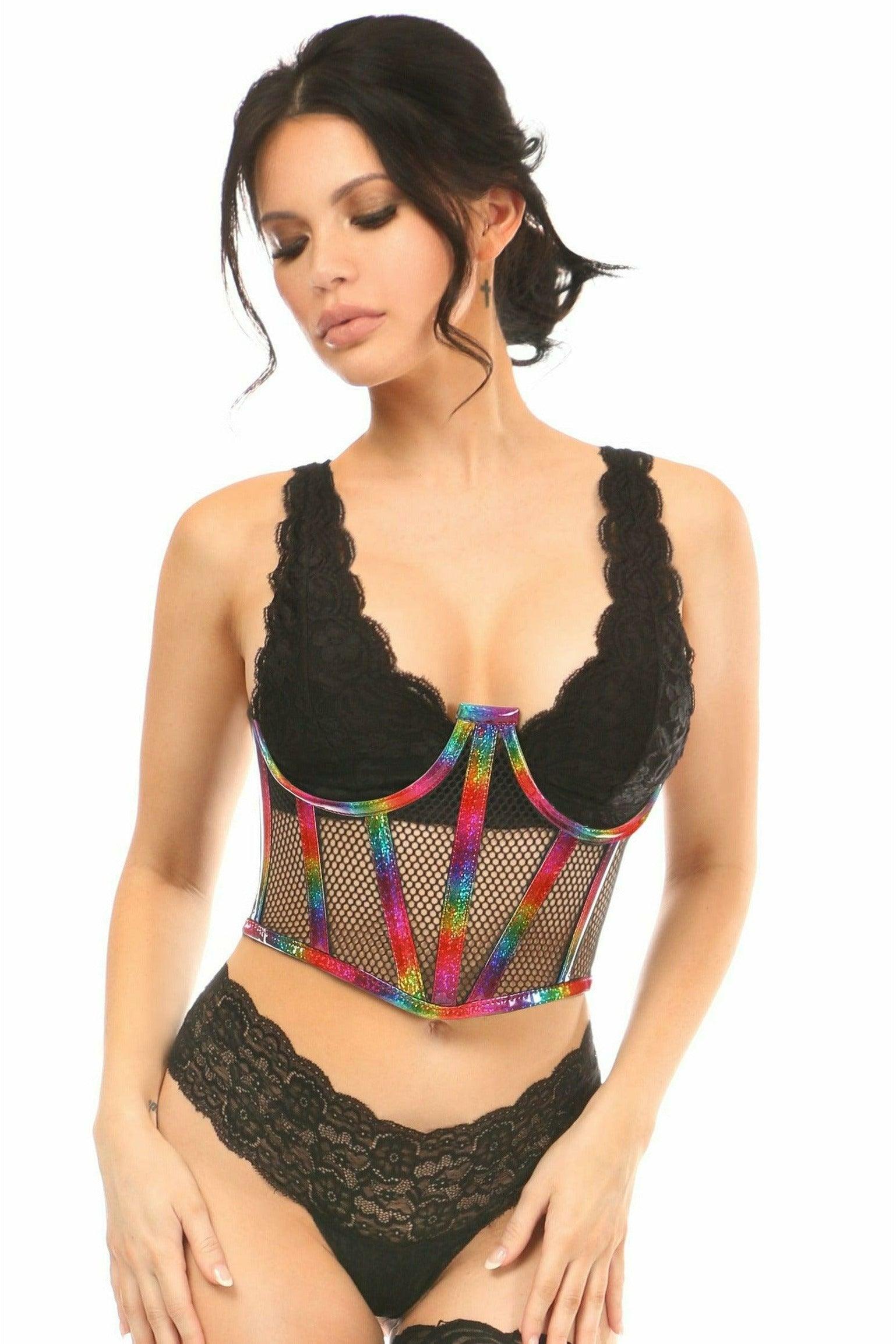 Lavish Rainbow Glitter PVC & Fishnet Underwire Waist Cincher Corset - Flyclothing LLC