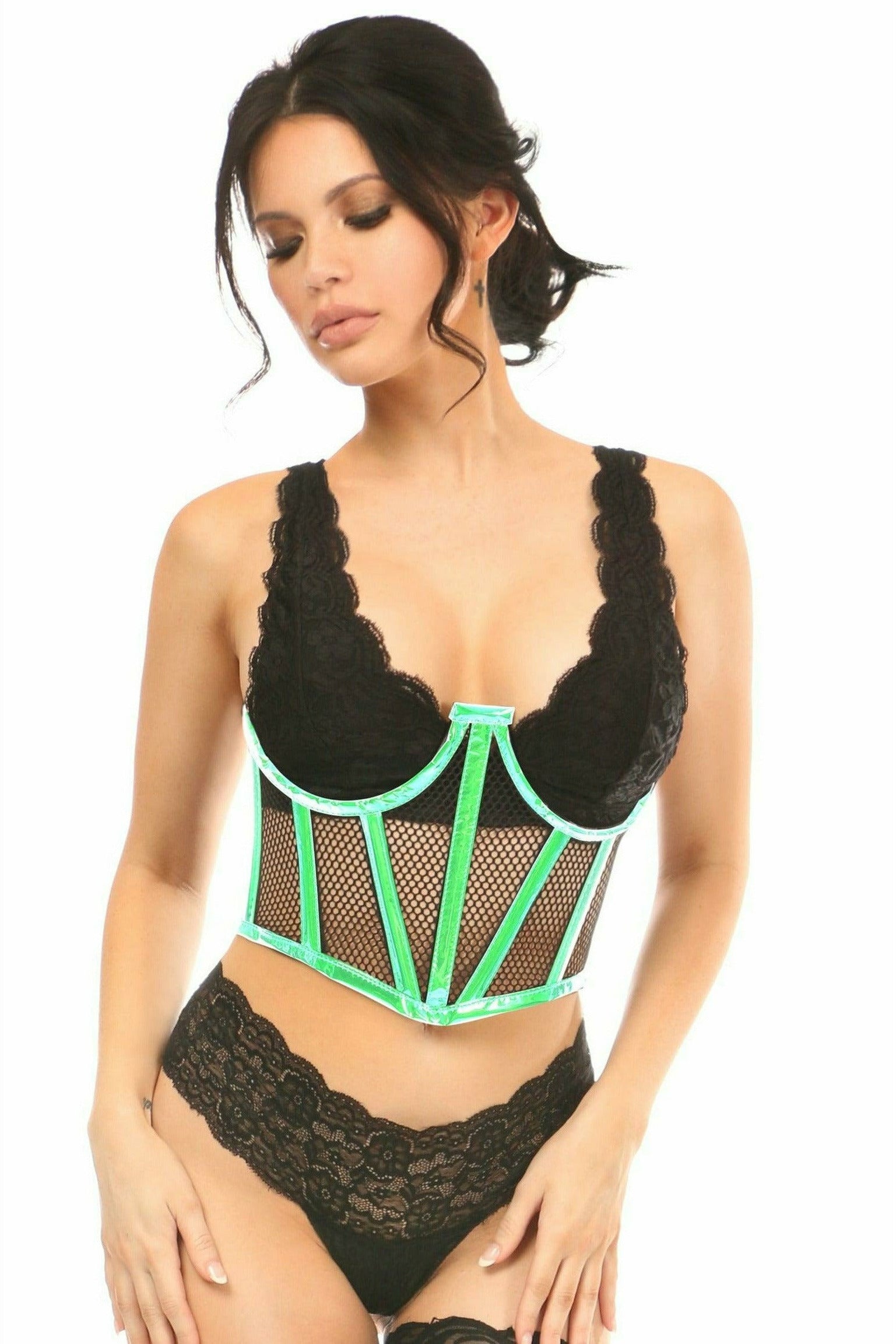 Daisy Corsets Lavish Mint Green Holo & Fishnet Underwire Waist Cincher Corset