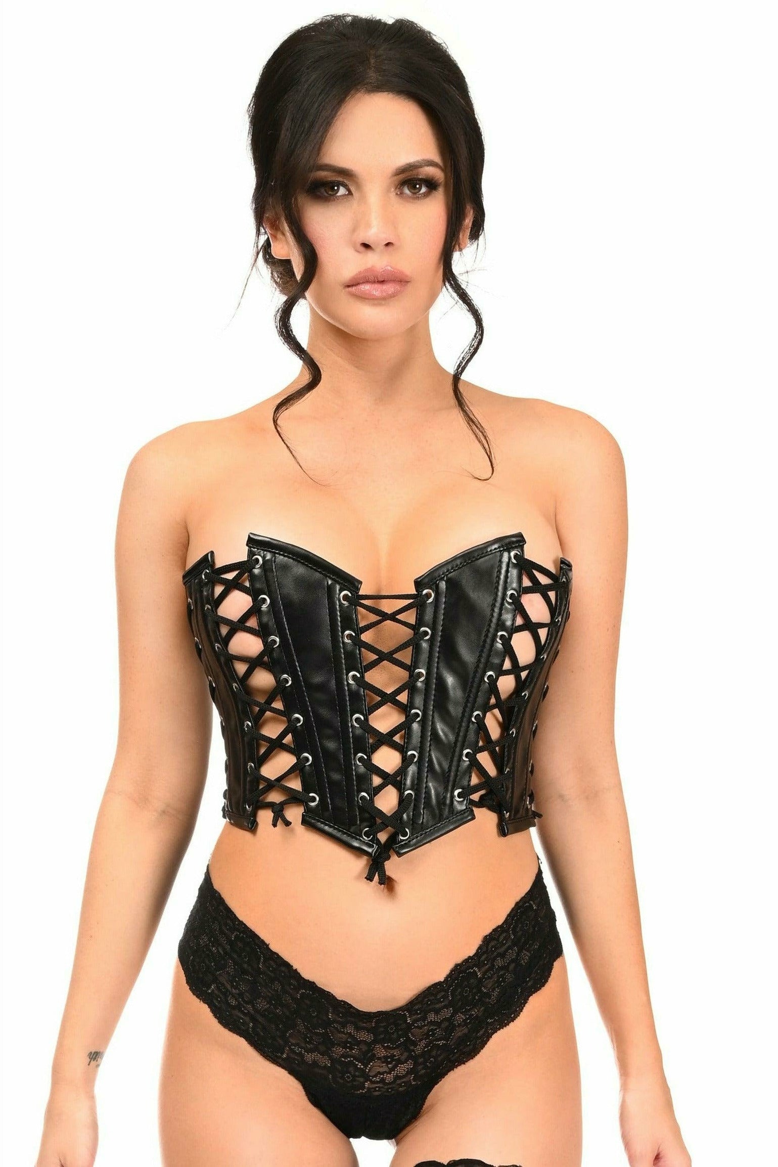 Daisy Corsets Lavish Black Faux Leather w/Black Lacing Lace-Up Bustier