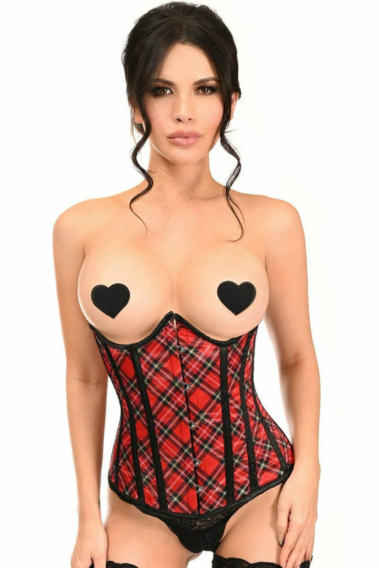 Lavish Red Plaid Open Cup Underwire Underbust Corset - Flyclothing LLC