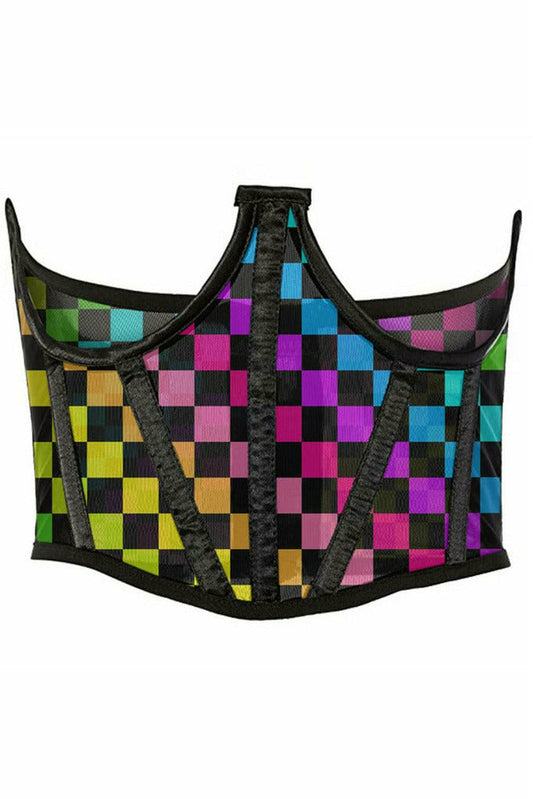 Daisy Corsets Lavish Rainbow Checkers Print Mesh Open Cup Waist Cincher