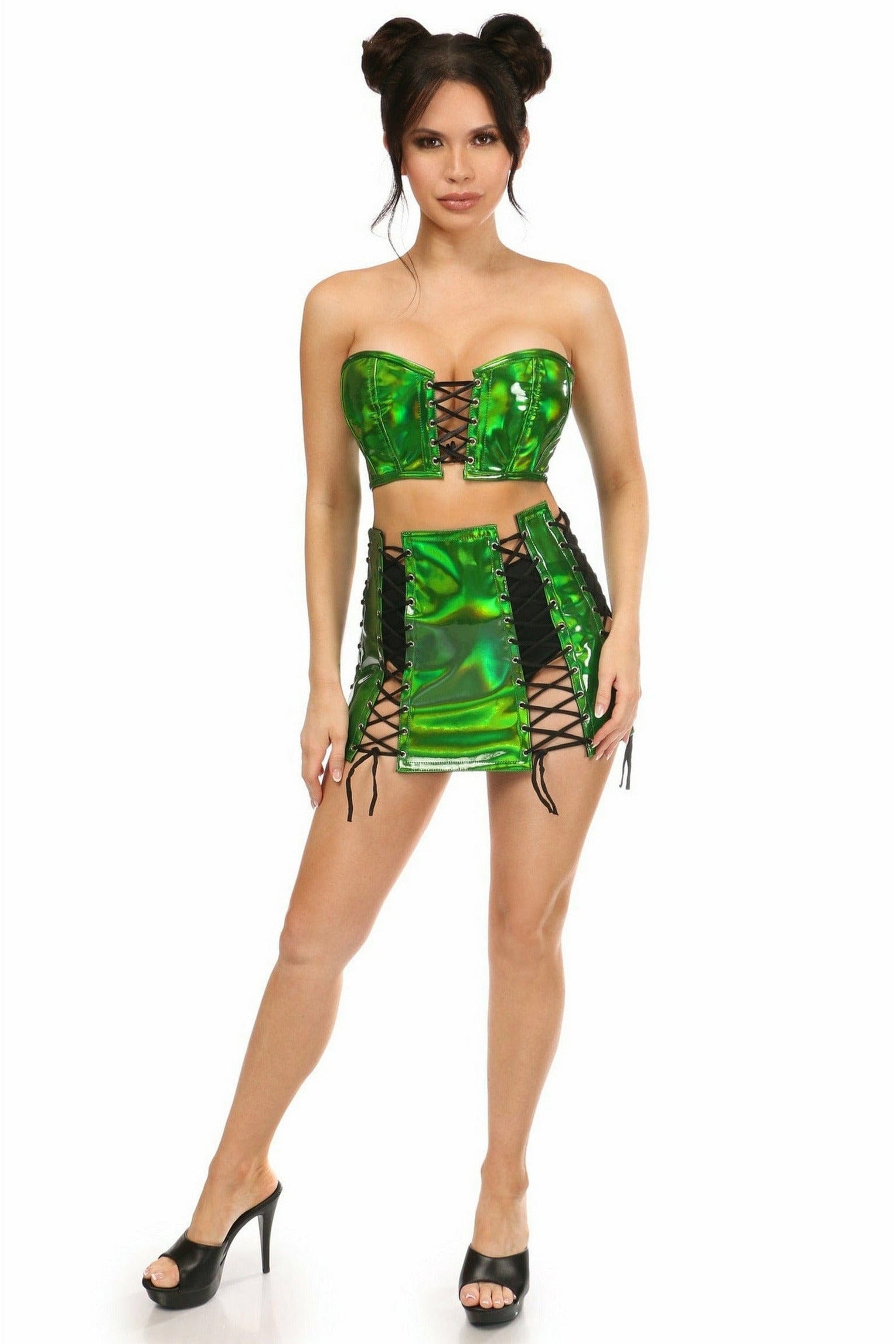 Daisy Corsets Lavish 2 PC Green Holo Bustier & Skirt Set - Flyclothing LLC