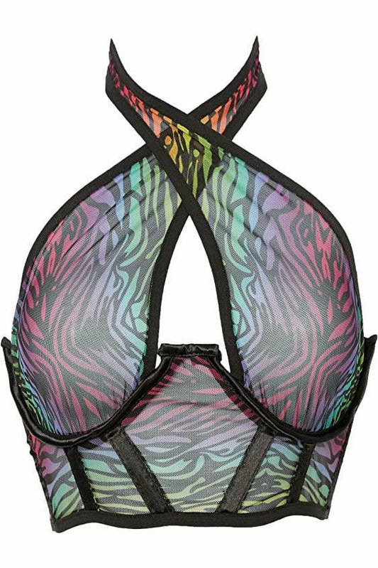 Lavish Rainbow Animal Print Mesh Underwire Cincher w/Built In Halter Top - Flyclothing LLC