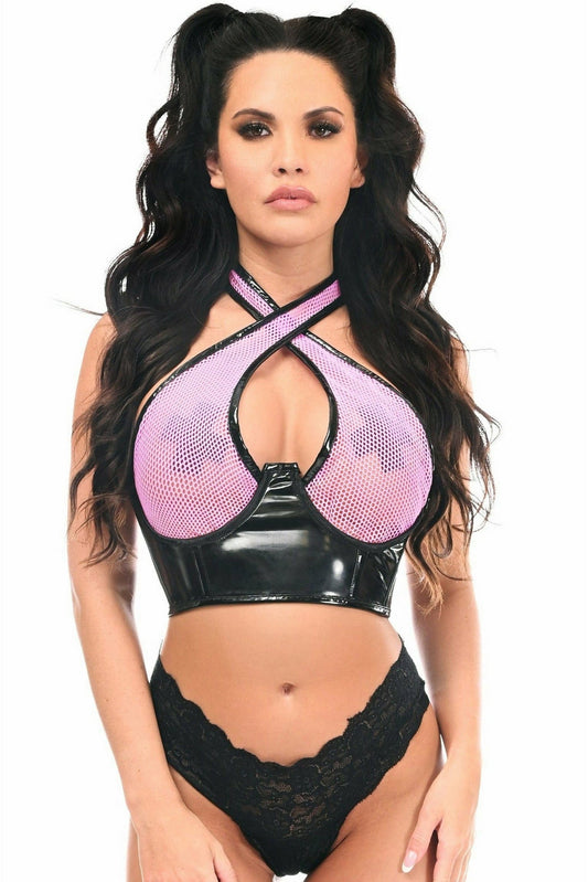 Daisy Corsets Lavish Lt Pink/Black Vinyl & Fishnet Halter Top Underwire Cincher