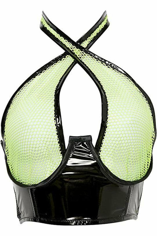 Lavish Neon Green/Black Vinyl & Fishnet Halter Top Underwire Cincher - Flyclothing LLC