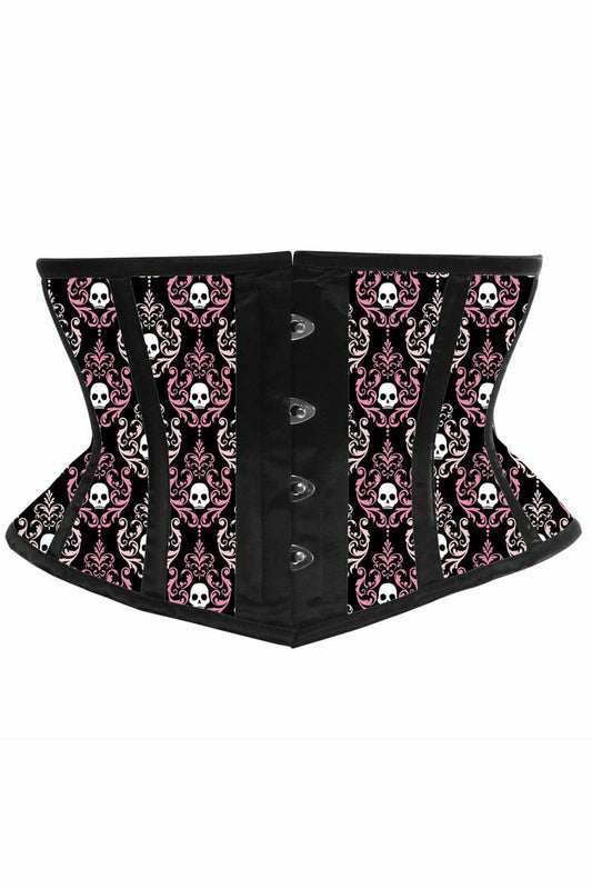 Daisy Corsets Lavish Pink & White Skull Satin Mini Cincher