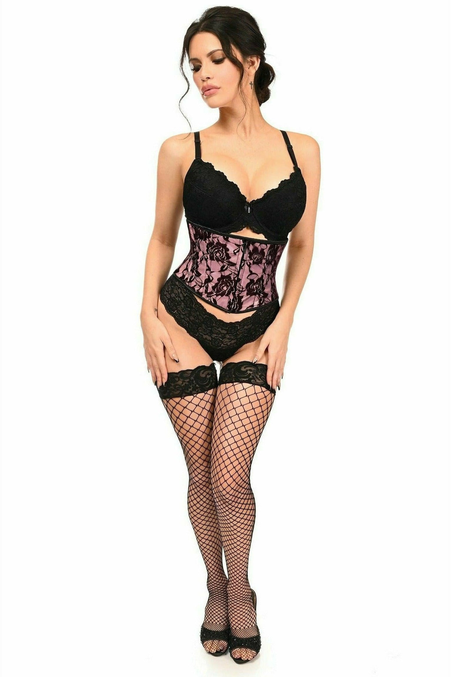 Daisy Corsets Lavish Pink w/Black Lace Overlay Mini Cincher - Flyclothing LLC