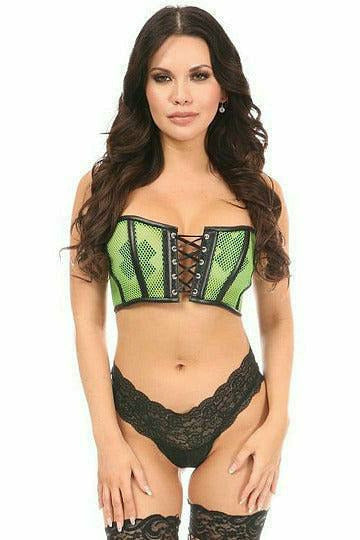 Daisy Corsets Lavish Neon Green Fishnet & Faux Leather Lace-Up Short Bustier Top