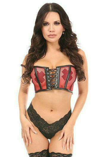 Daisy Corsets Lavish Red Fishnet & Faux Leather Lace-Up Short Bustier Top