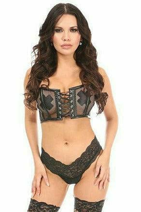 Daisy Corsets Lavish Black Fishnet & Faux Leather Lace-Up Short Bustier Top - Daisy Corsets